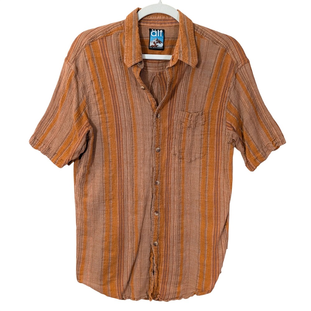 Vintage Alf Kuhl Shirt Mens S Brown Striped Crinkle Button Up Gorpcore 90s Älf